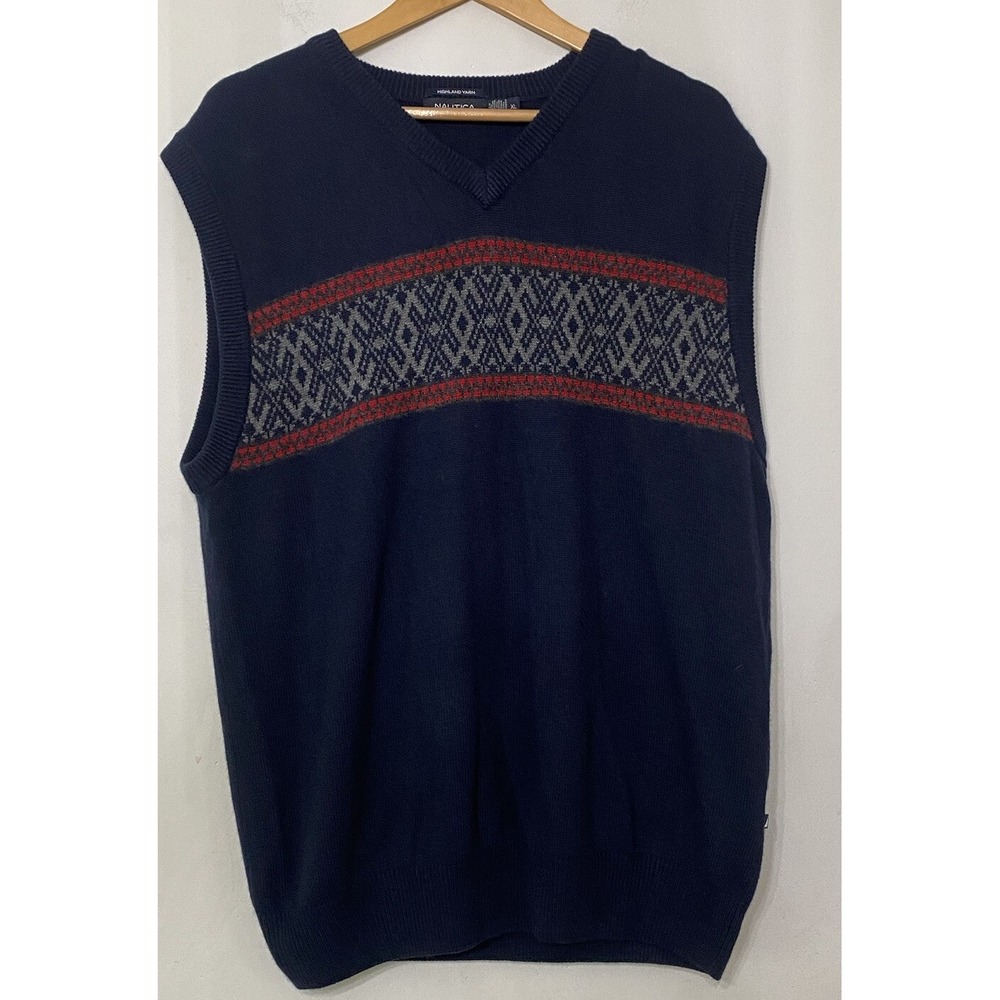 Nautica Highland Yarn Navy Blue Nordic Red Sweater Vest Size XL Cashmere Blend